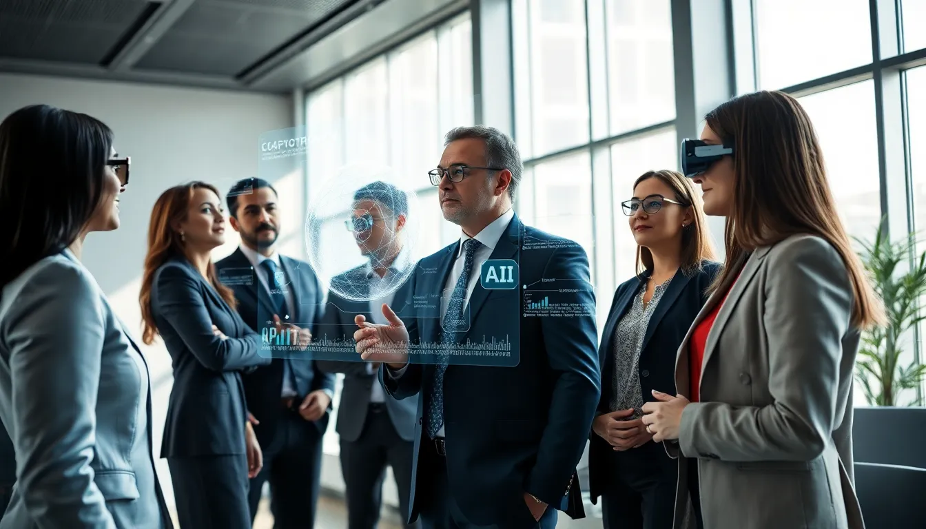 professionals in a modern office discussing future technology trends.