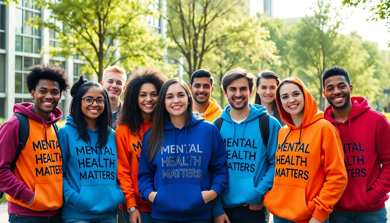 group of young adults in hoodies discussing mental health.