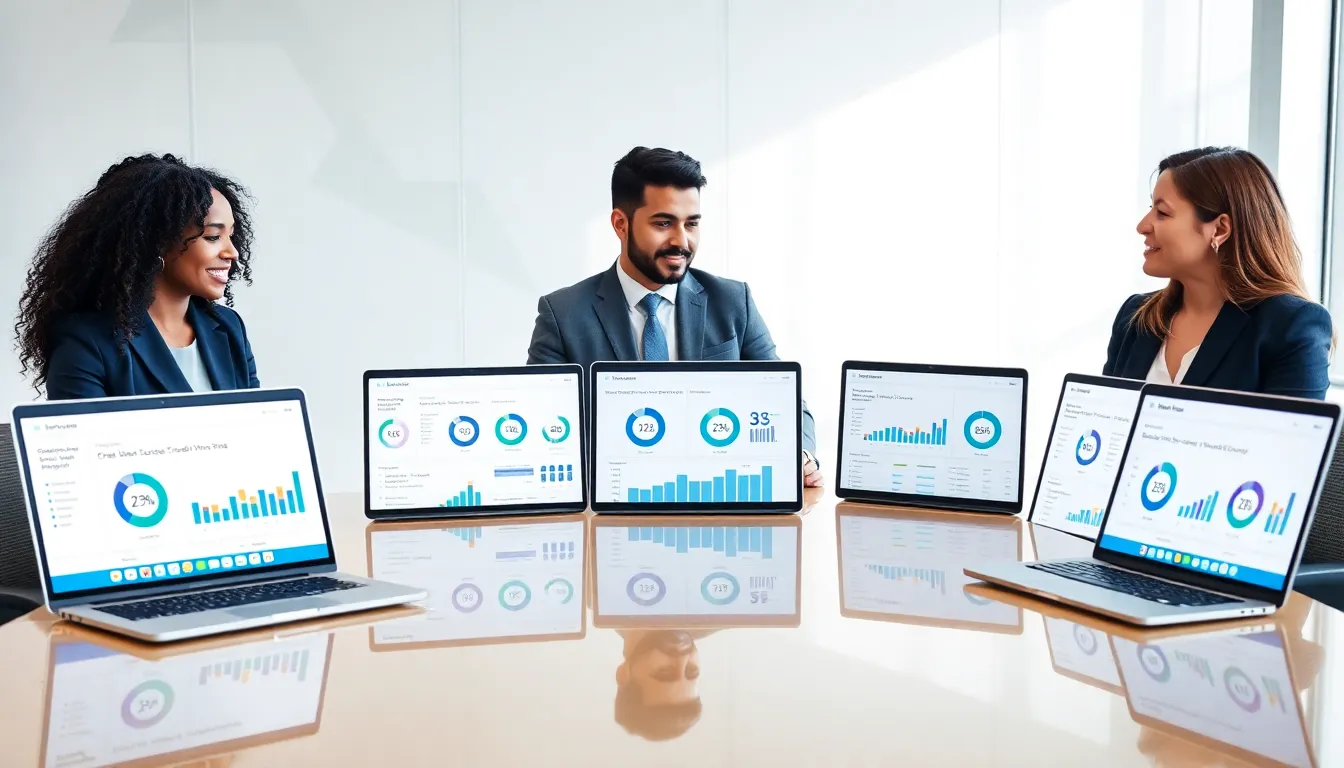 diverse financial professionals discussing credit scores in a modern office.