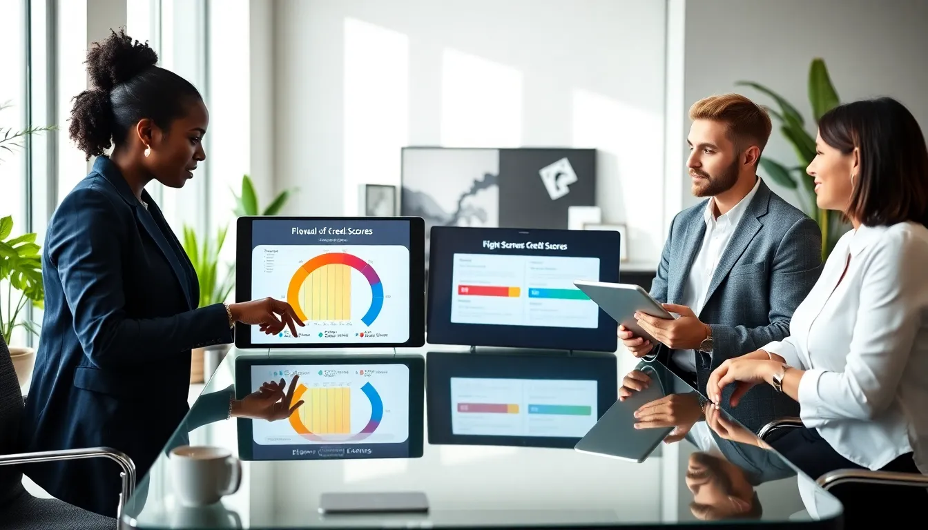diverse financial team discussing credit scores in a modern office.