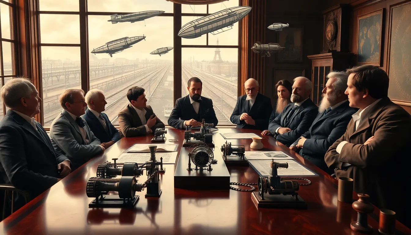 19th-century thinkers discussing future innovations around a modern table.