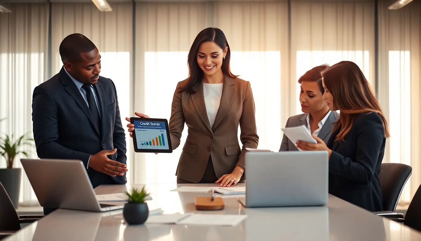 diverse professionals discussing credit scores in a modern office.