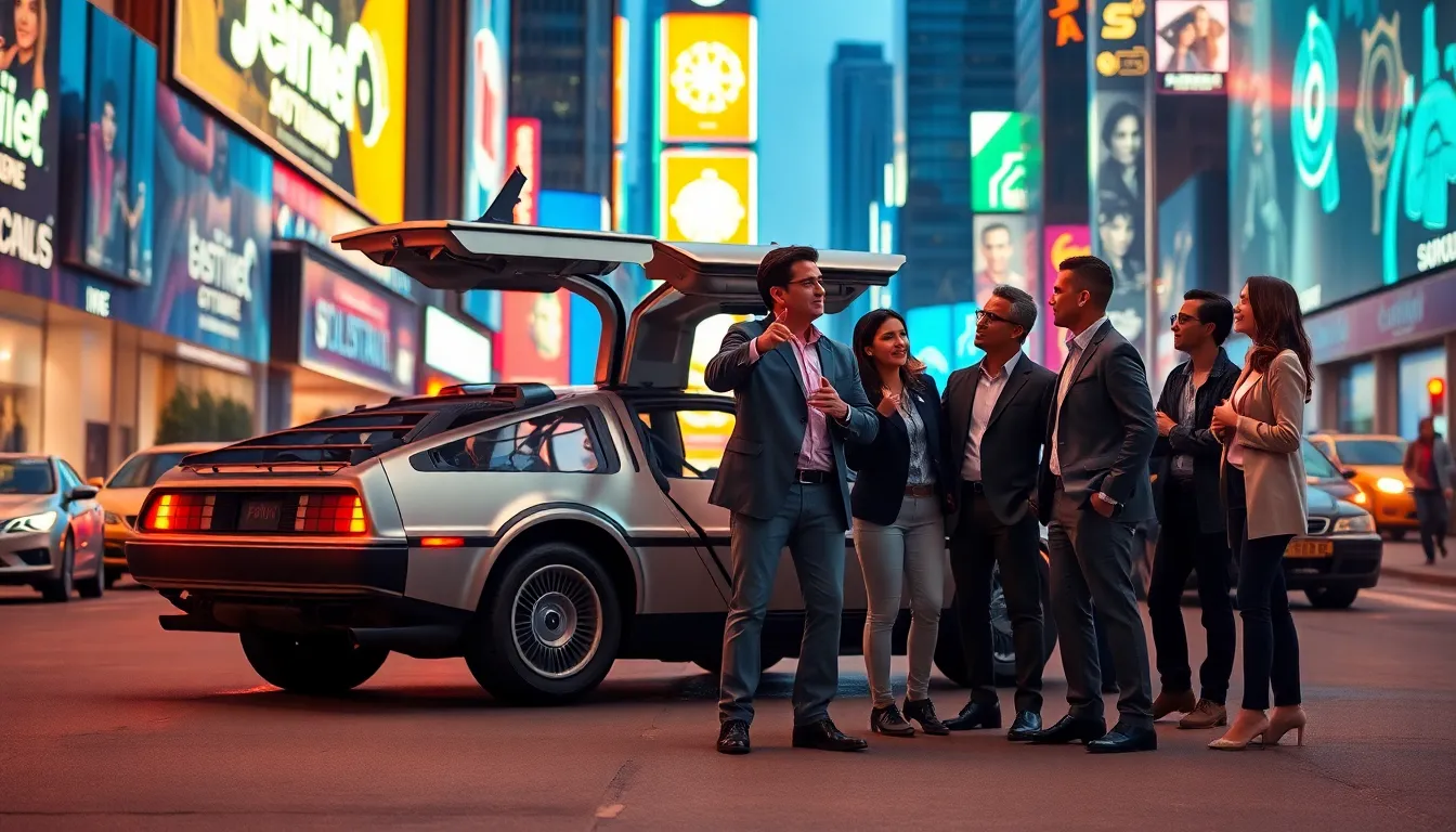 futuristic DeLorean with professionals discussing time travel concepts.