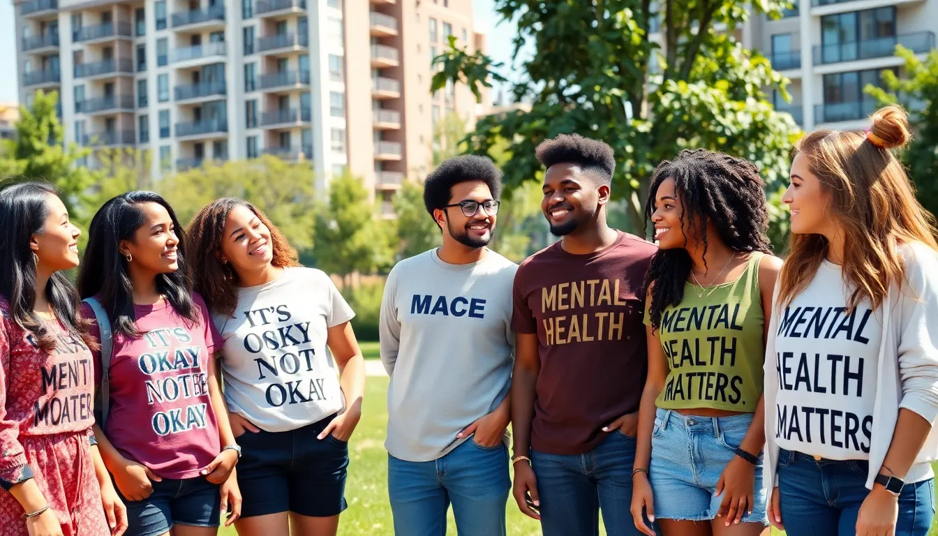 diverse group wearing mental health awareness clothing in a park.