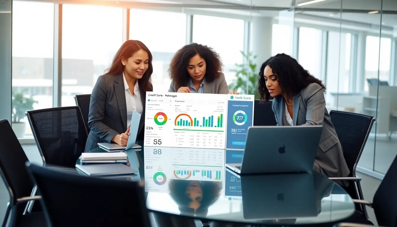 diverse team discussing credit scores in a modern office.